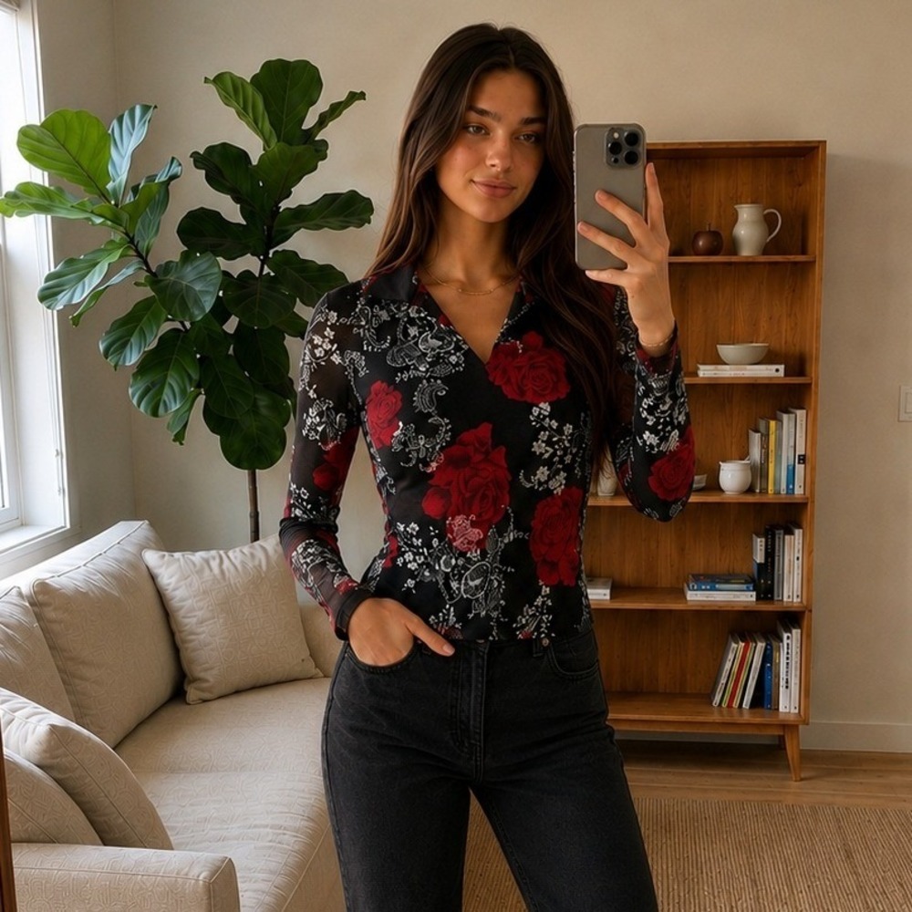 Y2K Wet Seal Mesh Top‎ M Black Red Rose Floral Long Sleeve Grunge Whimsigoth 90s